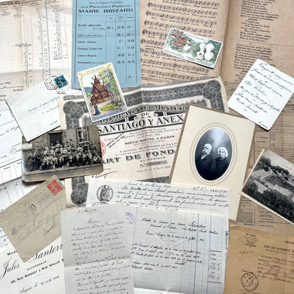 1920s French Documents Lot with a share certificate, handwritten letters, sheet music, and an old photograph.