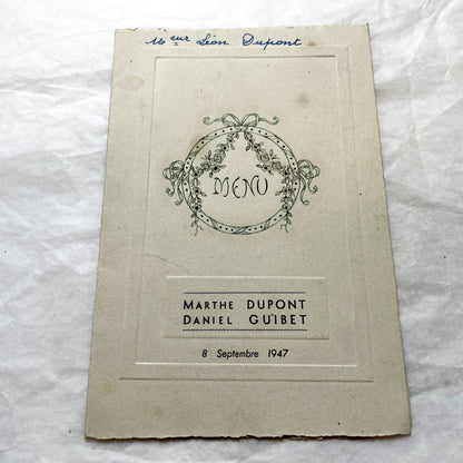 1940s - Vintage French Menu Card - Marthe and Daniel Wedding Reception Meal - September 8, 1947 - Antique Paper Ephemera Collectible