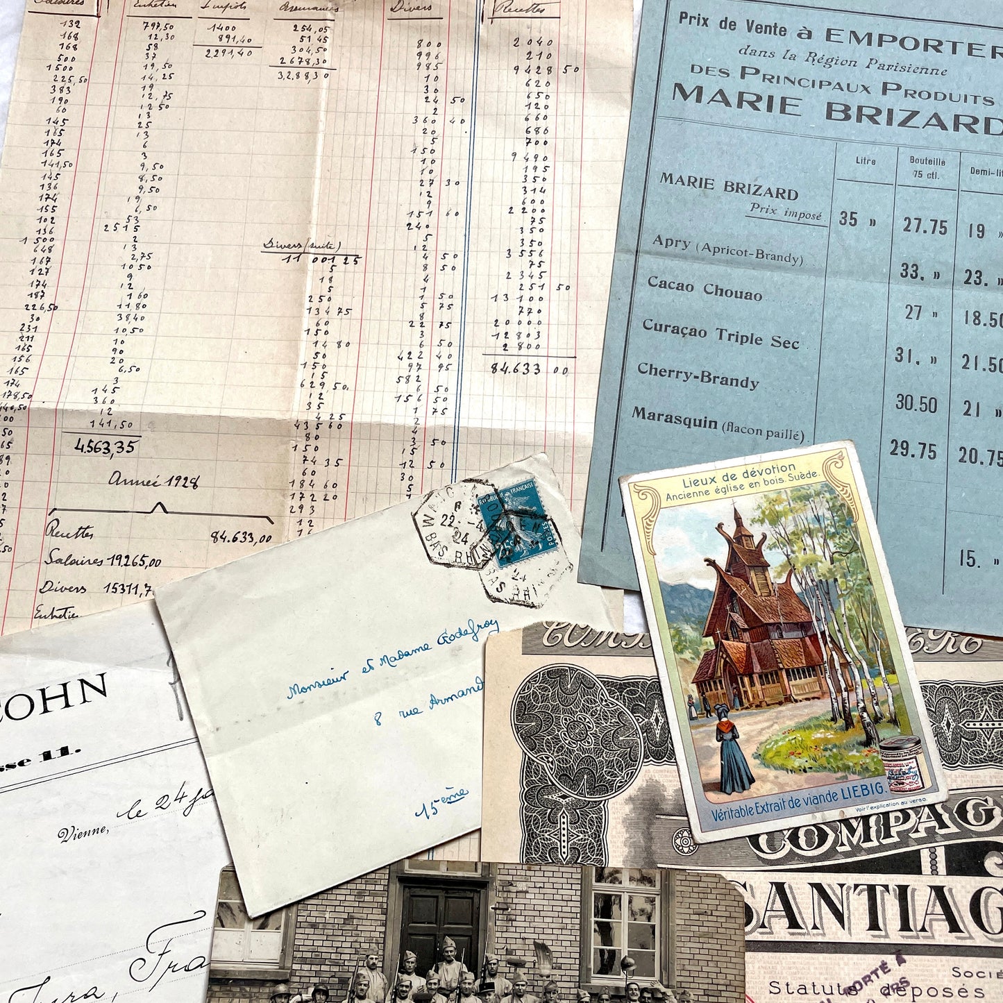 1920s French Documents Lot with a share certificate, handwritten letters, sheet music, and an old photograph.