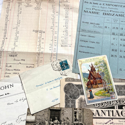 1920s French Documents Lot with a share certificate, handwritten letters, sheet music, and an old photograph.