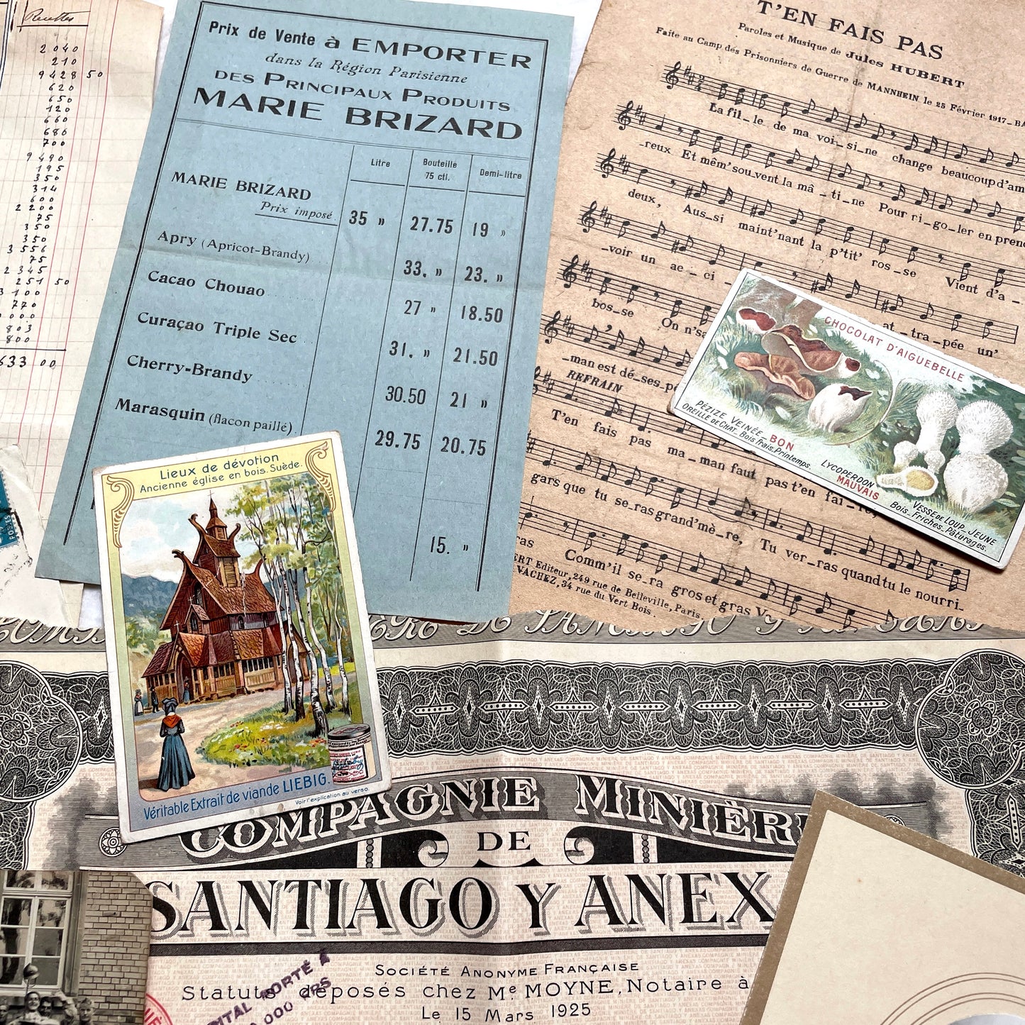 1920s French Documents Lot with a share certificate, handwritten letters, sheet music, and an old photograph.
