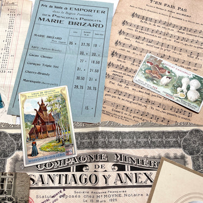 1920s French Documents Lot with a share certificate, handwritten letters, sheet music, and an old photograph.