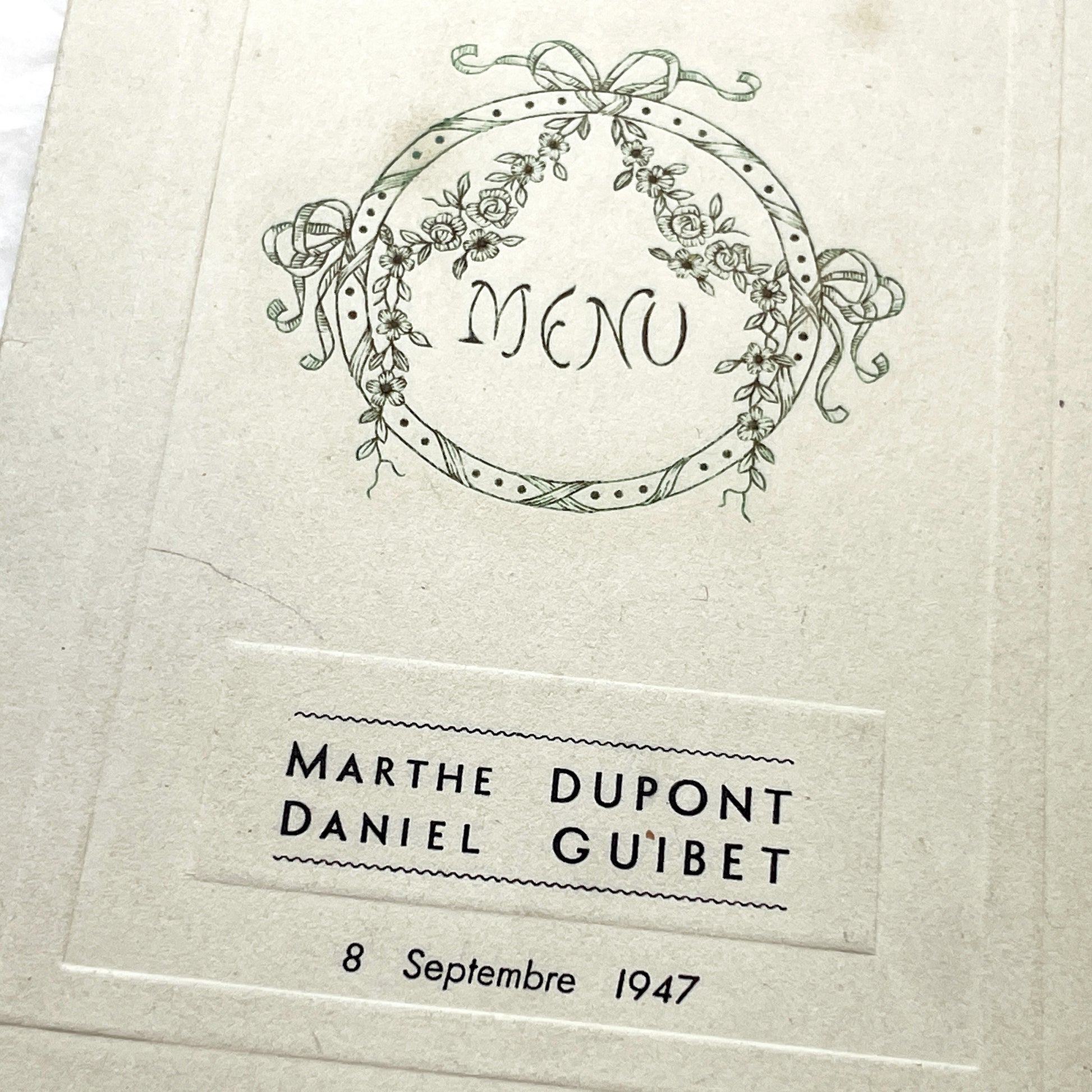 1940s - Vintage French Menu Card - Marthe and Daniel Wedding Reception Meal - September 8, 1947 - Antique Paper Ephemera Collectible