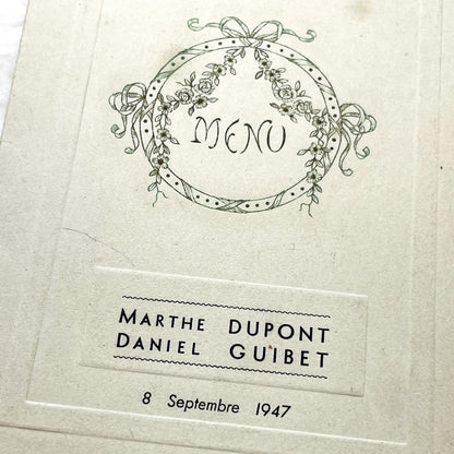 1940s - Vintage French Menu Card - Marthe and Daniel Wedding Reception Meal - September 8, 1947 - Antique Paper Ephemera Collectible