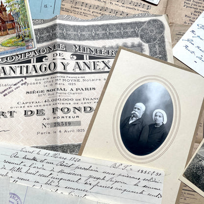 1920s French Documents Lot with a share certificate, handwritten letters, sheet music, and an old photograph.