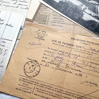 1920s French Documents Lot with a share certificate, handwritten letters, sheet music, and an old photograph.