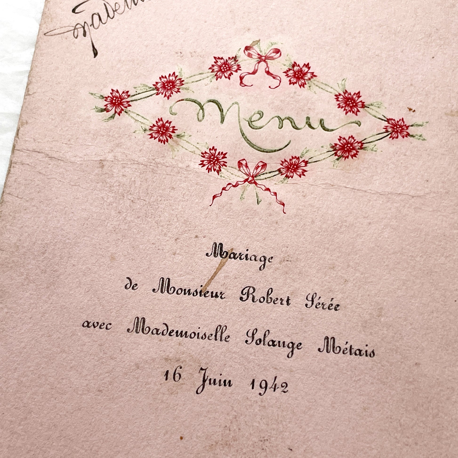 1940s - Vintage French Wedding Menu - 1942 Marriage Program - Historical Paper Ephemera - Robert and Solange Celebration Keepsake