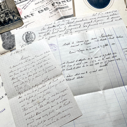 1920s French Documents Lot with a share certificate, handwritten letters, sheet music, and an old photograph.