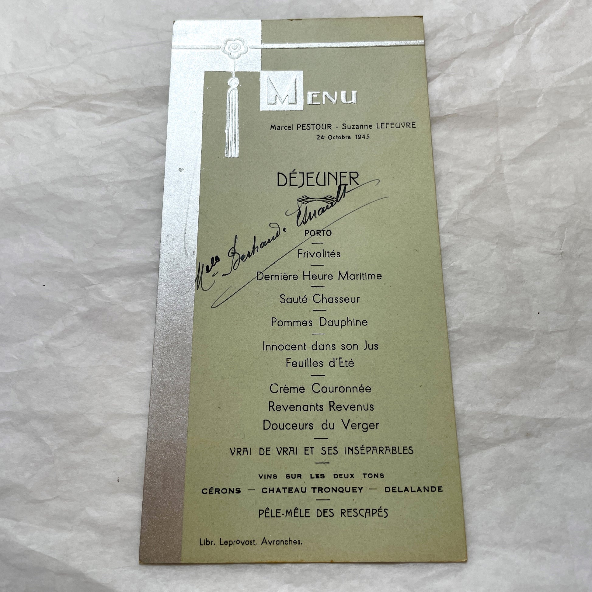 1940s - Vintage French Menu Card - Marcel and Suzanne Meal - Avranches Normandy - WWII Post-War Celebration - Unique Original Ephemera