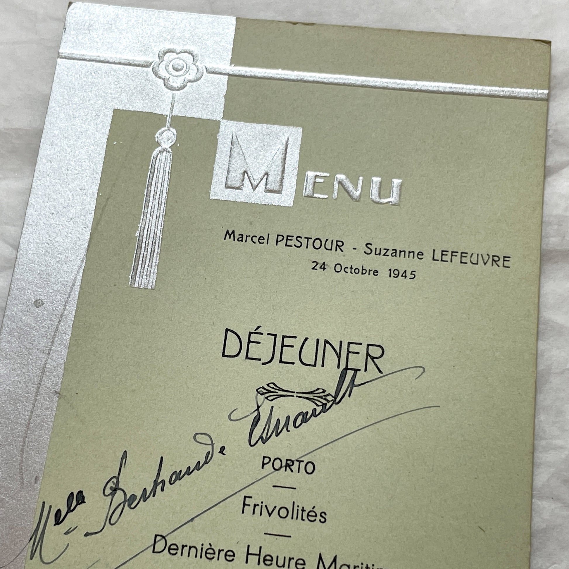 1940s - Vintage French Menu Card - Marcel and Suzanne Meal - Avranches Normandy - WWII Post-War Celebration - Unique Original Ephemera