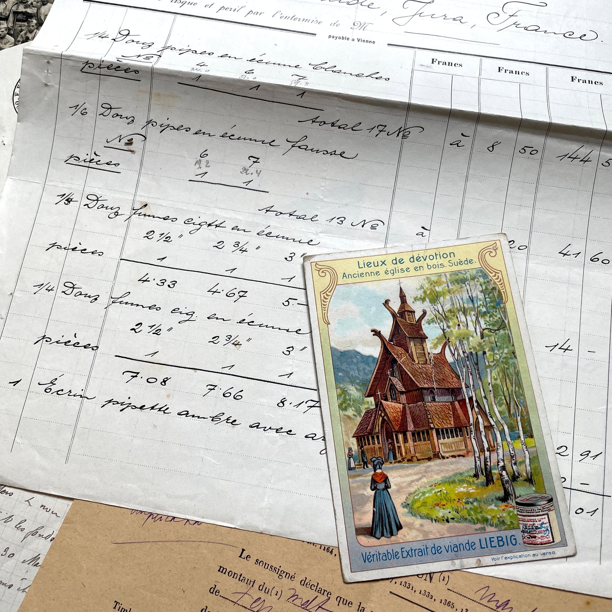 1920s French Documents Lot with a share certificate, handwritten letters, sheet music, and an old photograph.