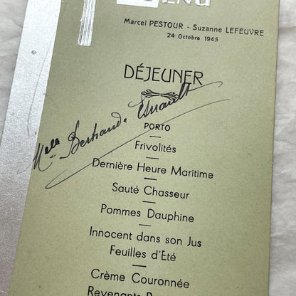 1940s - Vintage French Menu Card - Marcel and Suzanne Meal - Avranches Normandy - WWII Post-War Celebration - Unique Original Ephemera