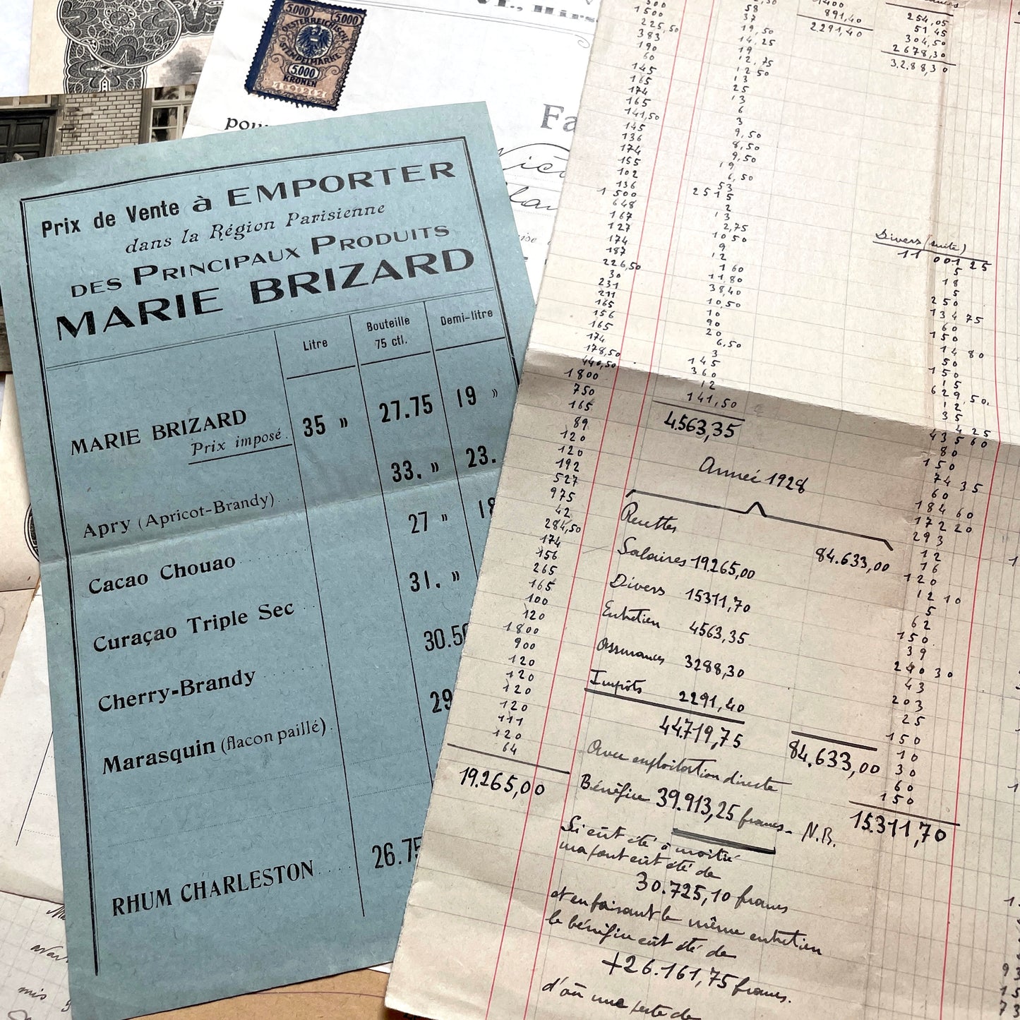 1920s French Documents Lot with a share certificate, handwritten letters, sheet music, and an old photograph.