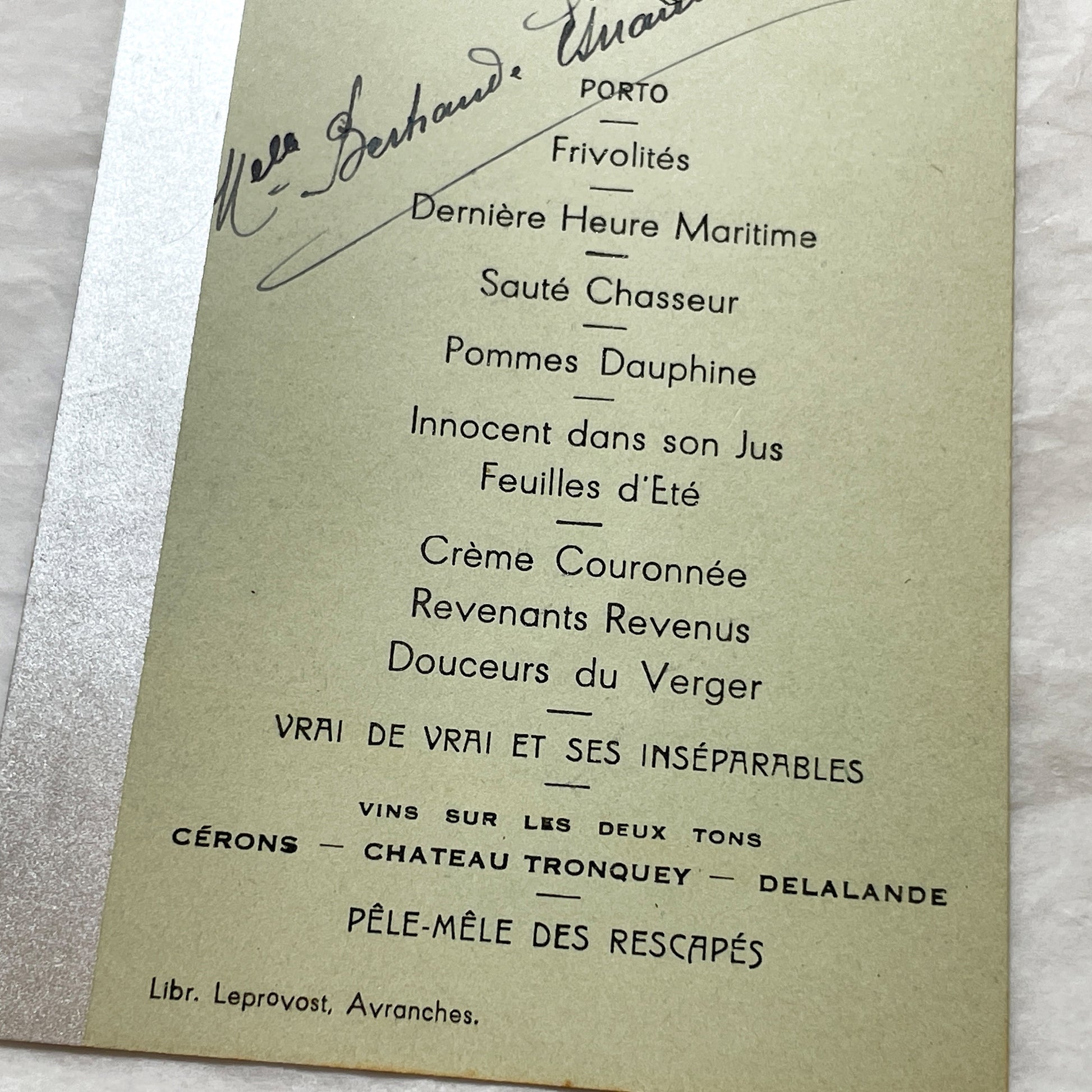 1940s - Vintage French Menu Card - Marcel and Suzanne Meal - Avranches Normandy - WWII Post-War Celebration - Unique Original Ephemera