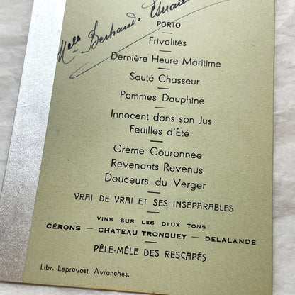 1940s - Vintage French Menu Card - Marcel and Suzanne Meal - Avranches Normandy - WWII Post-War Celebration - Unique Original Ephemera