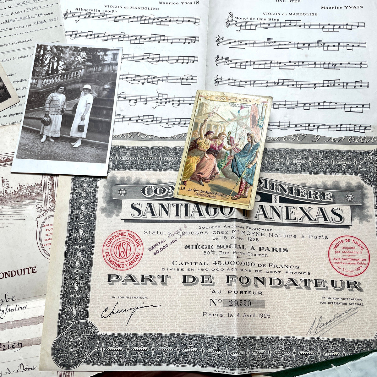 1920s French Ephemera Lot with various documents, vintage postcards, sheet music, period photos, and a stock certificate.