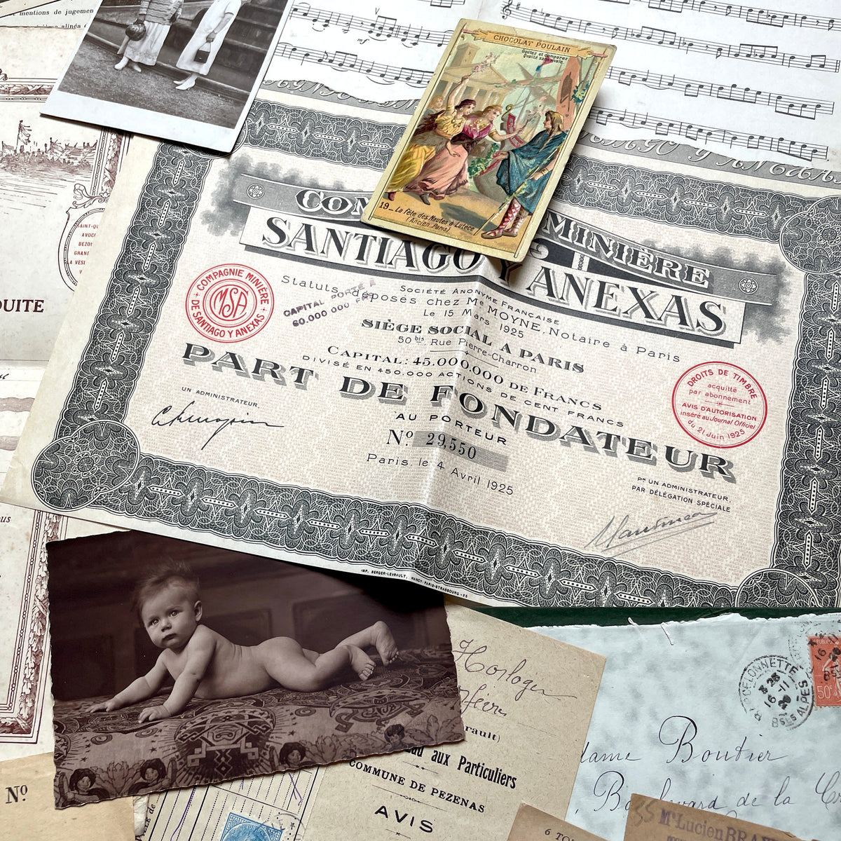 1920s French Ephemera Lot with various documents, vintage postcards, sheet music, period photos, and a stock certificate.