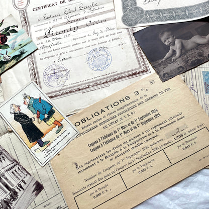 1920s French Ephemera Lot with various documents, vintage postcards, sheet music, period photos, and a stock certificate.