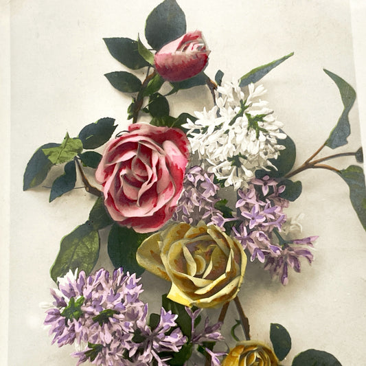 1900s - French Floral Postcard - Roses and Lilacs Bouquet - Vintage Flower Greeting Card - Ephemera Art Print - Bonnet Phot.