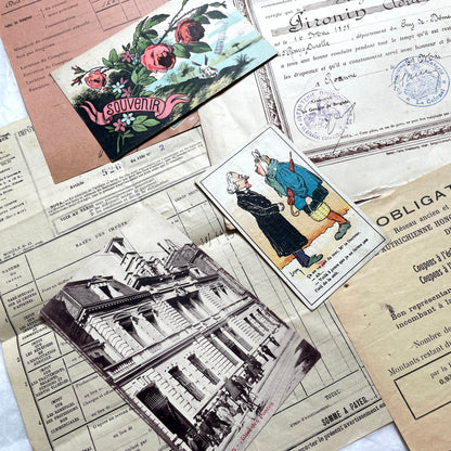1920s French Ephemera Lot with various documents, vintage postcards, sheet music, period photos, and a stock certificate.