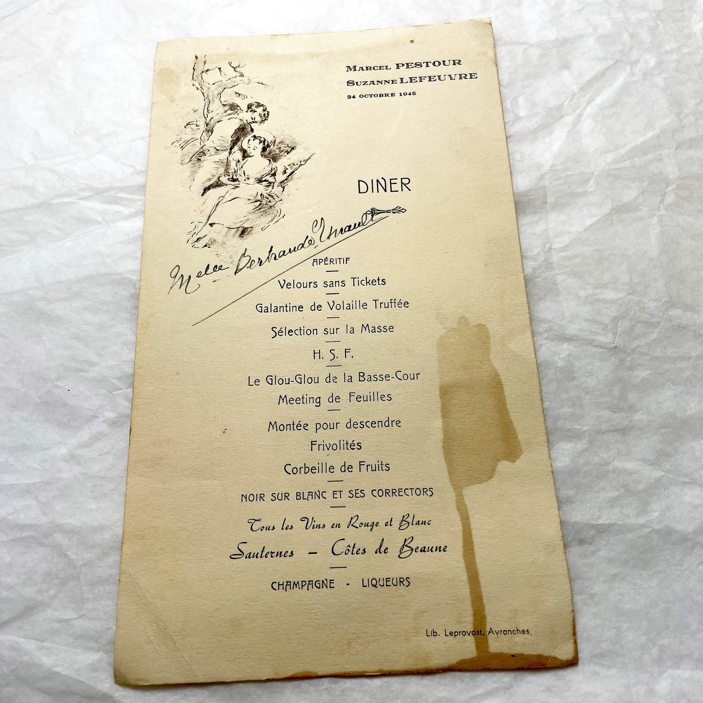 1940s - Vintage French Dinner Menu - Marcel Pestour Suzanne Lefeuvre - Post-WWII Avranches - Ornate Illustration - Historic Paper Ephemera