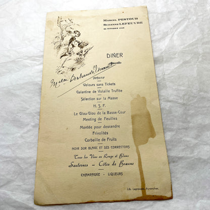 1940s - Vintage French Dinner Menu - Marcel Pestour Suzanne Lefeuvre - Post-WWII Avranches - Ornate Illustration - Historic Paper Ephemera