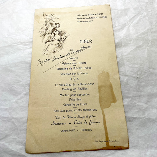1940s - Vintage French Dinner Menu - Marcel Pestour Suzanne Lefeuvre - Post-WWII Avranches - Ornate Illustration - Historic Paper Ephemera