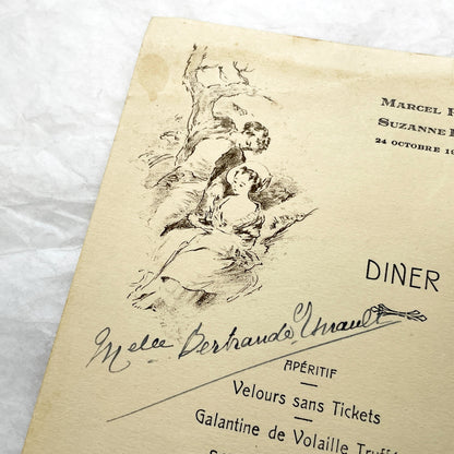 1940s - Vintage French Dinner Menu - Marcel Pestour Suzanne Lefeuvre - Post-WWII Avranches - Ornate Illustration - Historic Paper Ephemera