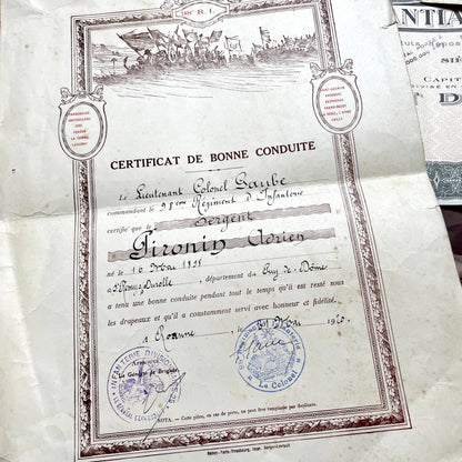 1920s French Ephemera Lot with various documents, vintage postcards, sheet music, period photos, and a stock certificate.