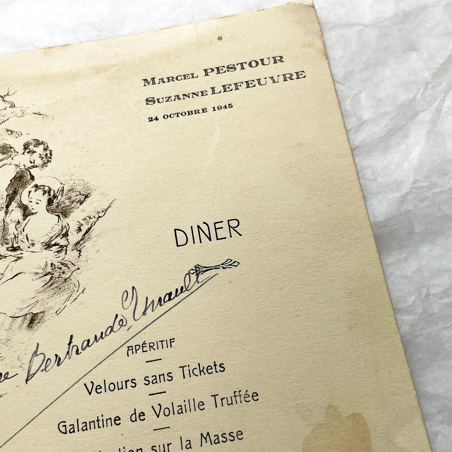 1940s - Vintage French Dinner Menu - Marcel Pestour Suzanne Lefeuvre - Post-WWII Avranches - Ornate Illustration - Historic Paper Ephemera