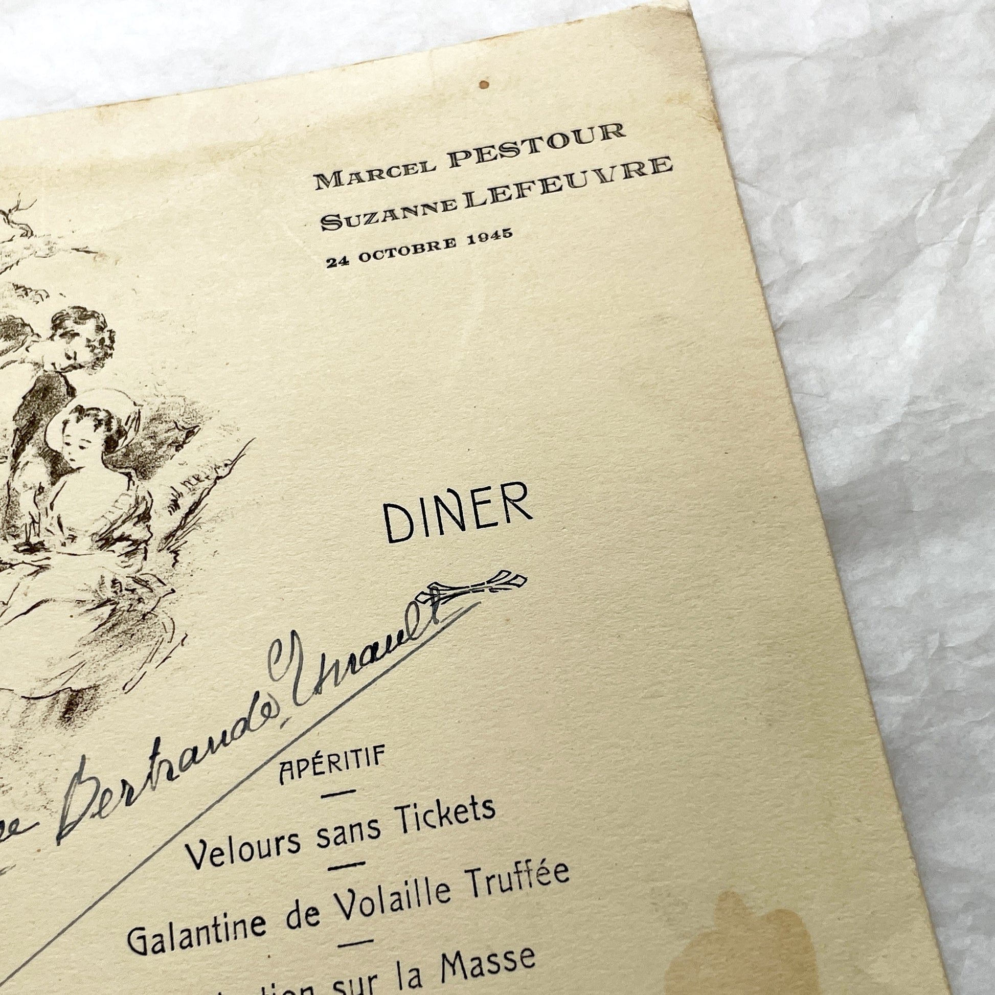 1940s - Vintage French Dinner Menu - Marcel Pestour Suzanne Lefeuvre - Post-WWII Avranches - Ornate Illustration - Historic Paper Ephemera