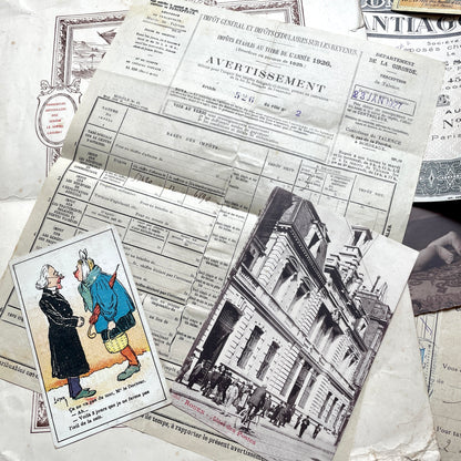 1920s French Ephemera Lot with various documents, vintage postcards, sheet music, period photos, and a stock certificate.