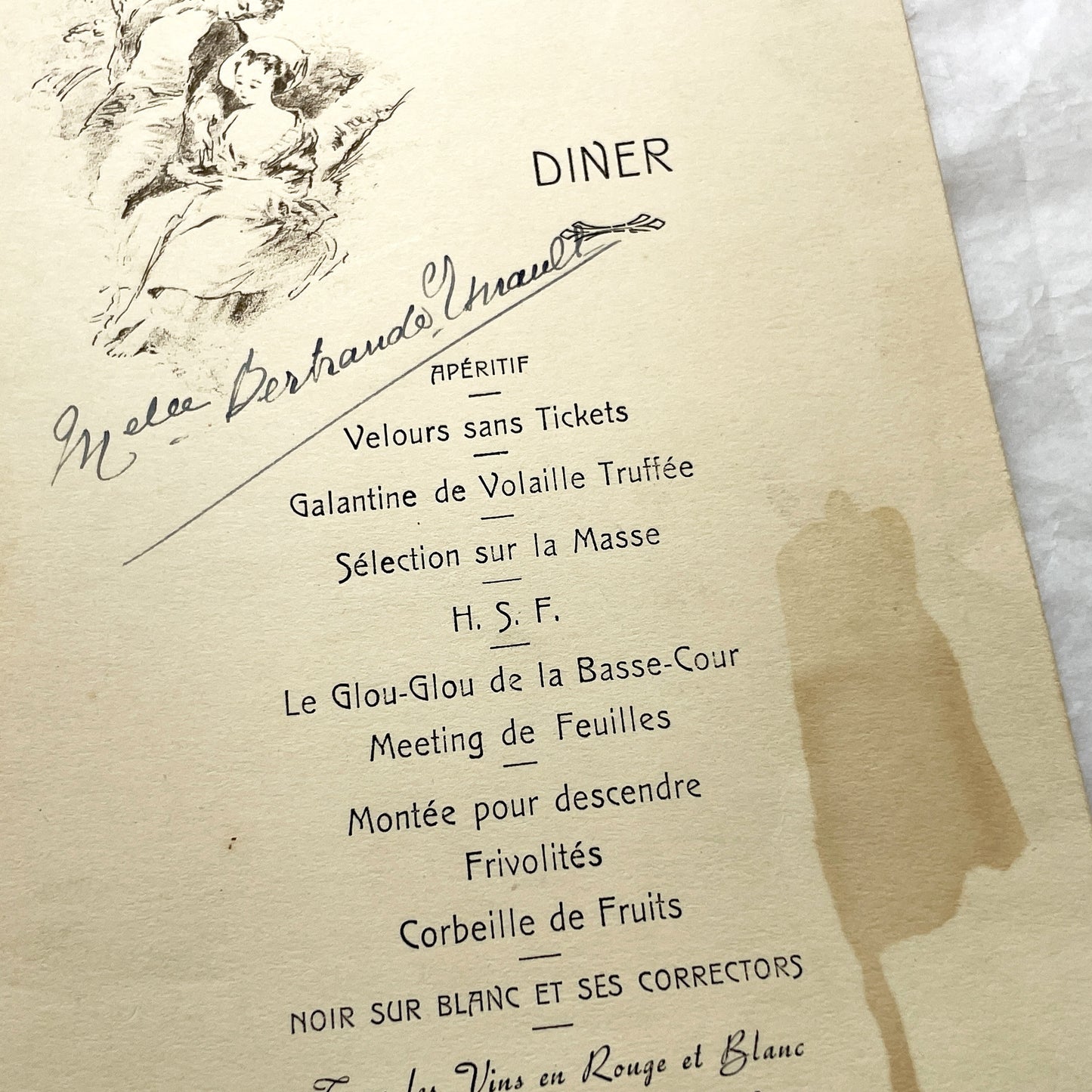 1940s - Vintage French Dinner Menu - Marcel Pestour Suzanne Lefeuvre - Post-WWII Avranches - Ornate Illustration - Historic Paper Ephemera