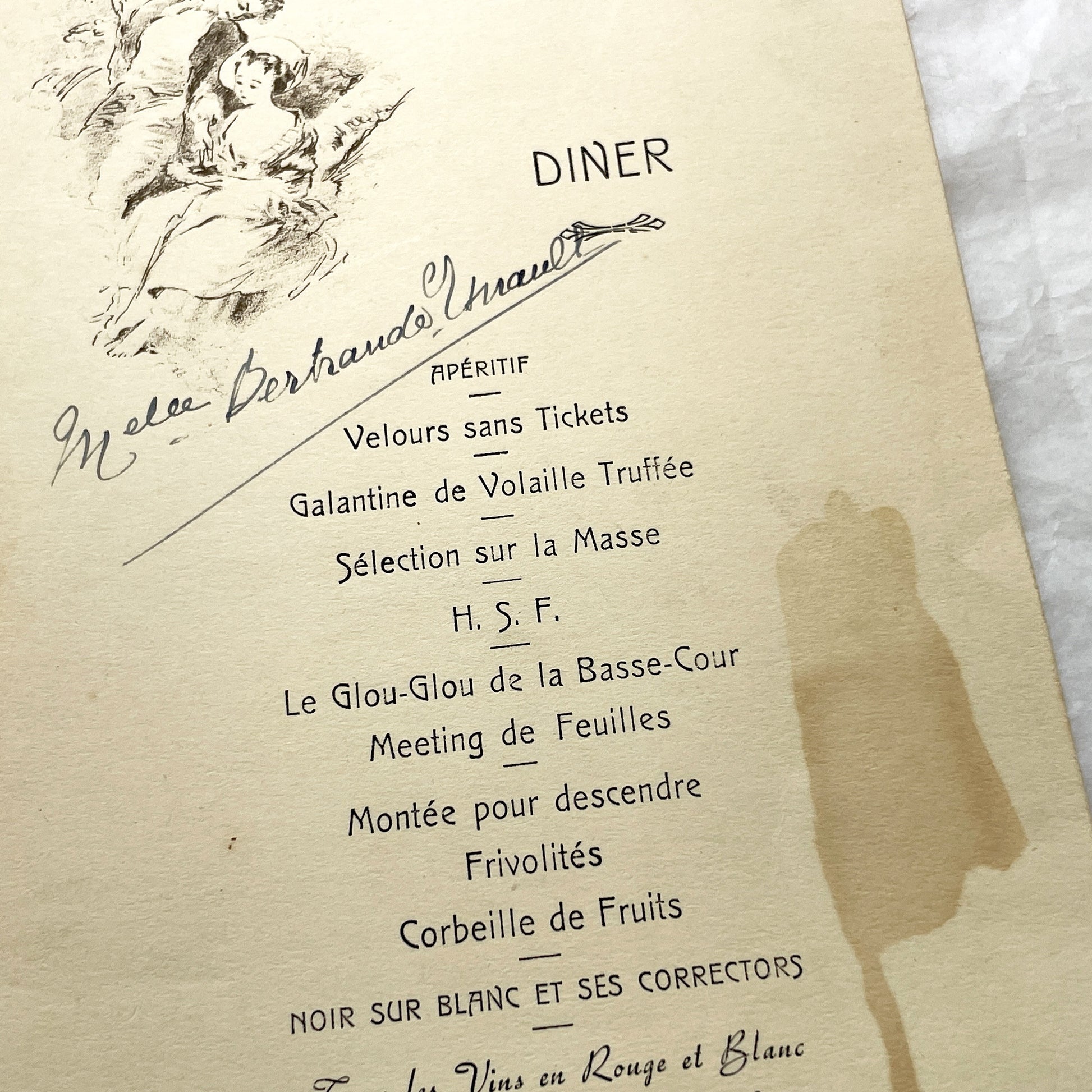 1940s - Vintage French Dinner Menu - Marcel Pestour Suzanne Lefeuvre - Post-WWII Avranches - Ornate Illustration - Historic Paper Ephemera