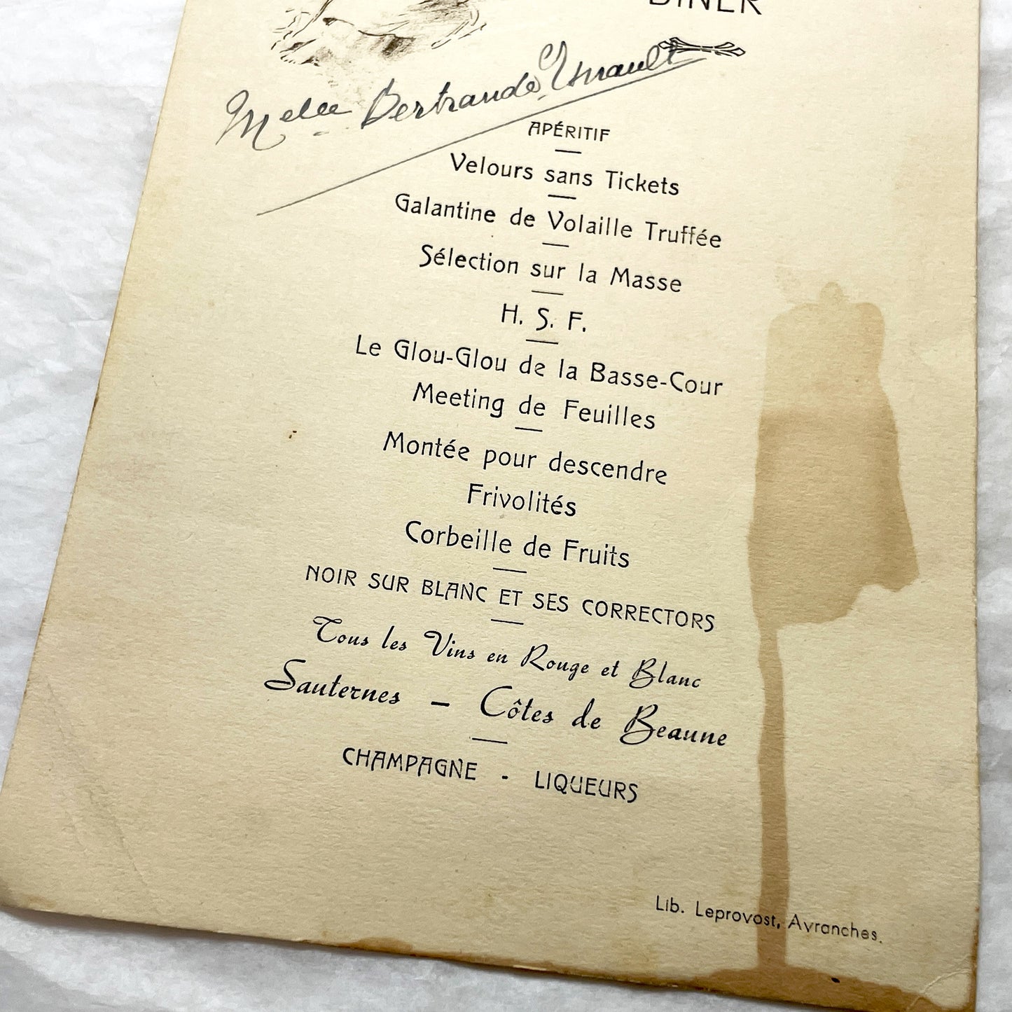 1940s - Vintage French Dinner Menu - Marcel Pestour Suzanne Lefeuvre - Post-WWII Avranches - Ornate Illustration - Historic Paper Ephemera
