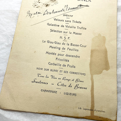 1940s - Vintage French Dinner Menu - Marcel Pestour Suzanne Lefeuvre - Post-WWII Avranches - Ornate Illustration - Historic Paper Ephemera
