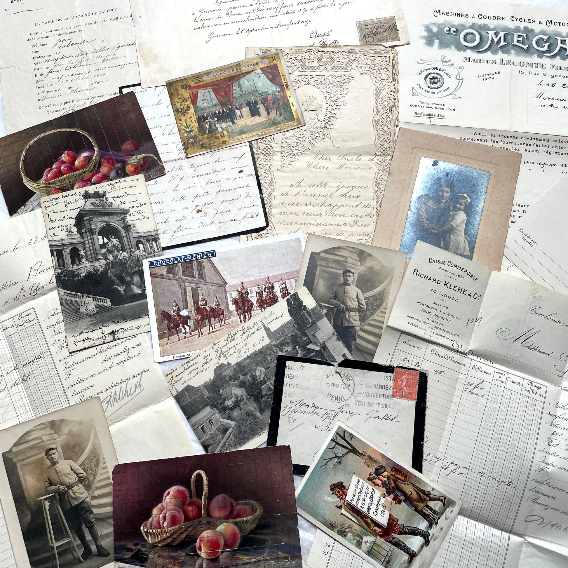 1910s French documents lot with vintage postcards, handwritten letters, business papers, and historical photos.