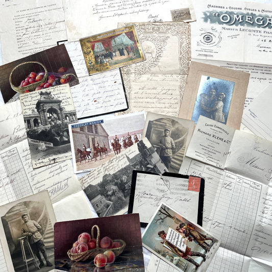 1910s French documents lot with vintage postcards, handwritten letters, business papers, and historical photos.