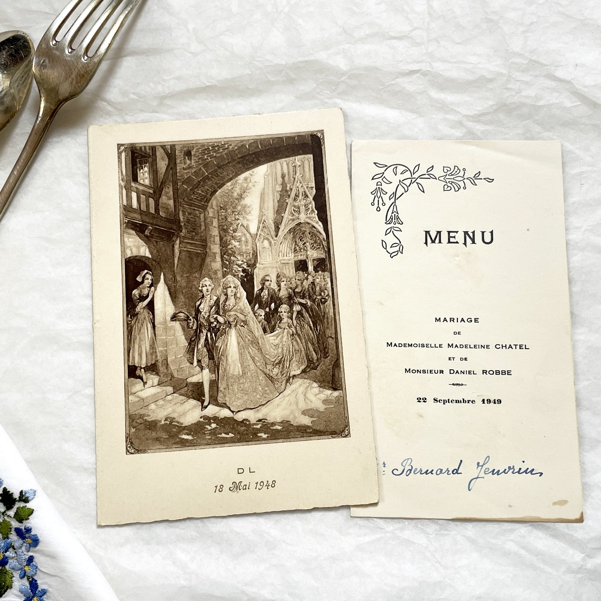 1940s - Vintage French Wedding Menus - Elegant Bridal Celebration Ephemera - Classic French Cuisine Dining Experience Collectible