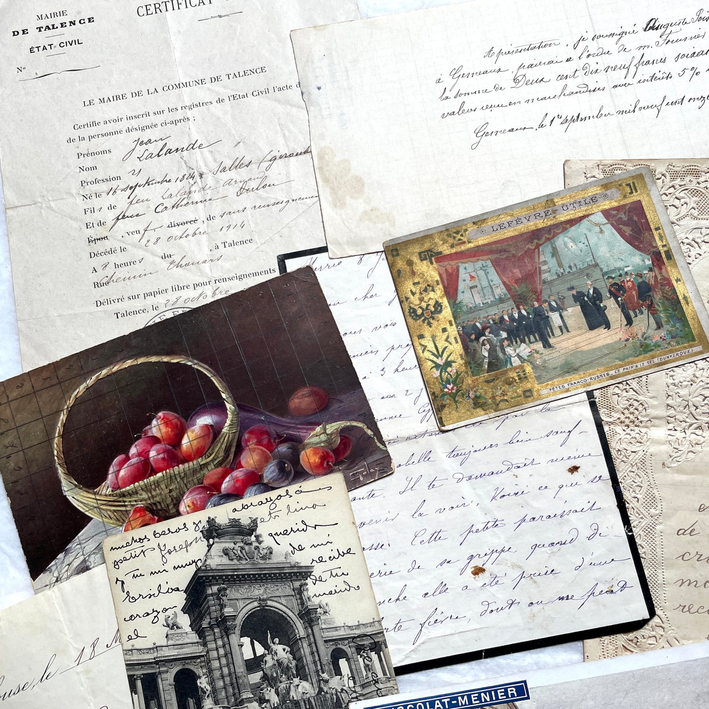 1910s French documents lot with vintage postcards, handwritten letters, business papers, and historical photos.