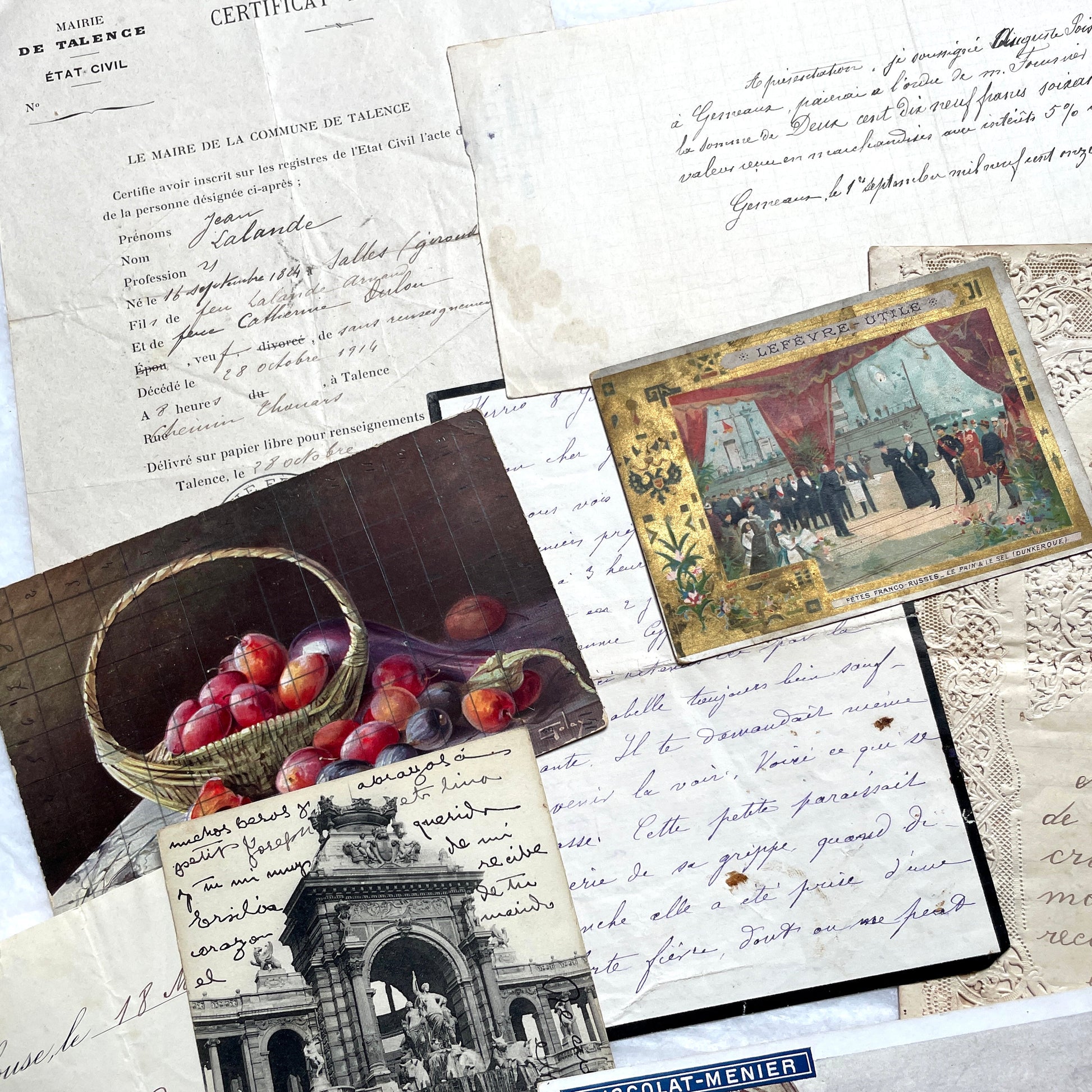 1910s French documents lot with vintage postcards, handwritten letters, business papers, and historical photos.