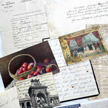 1910s French documents lot with vintage postcards, handwritten letters, business papers, and historical photos.
