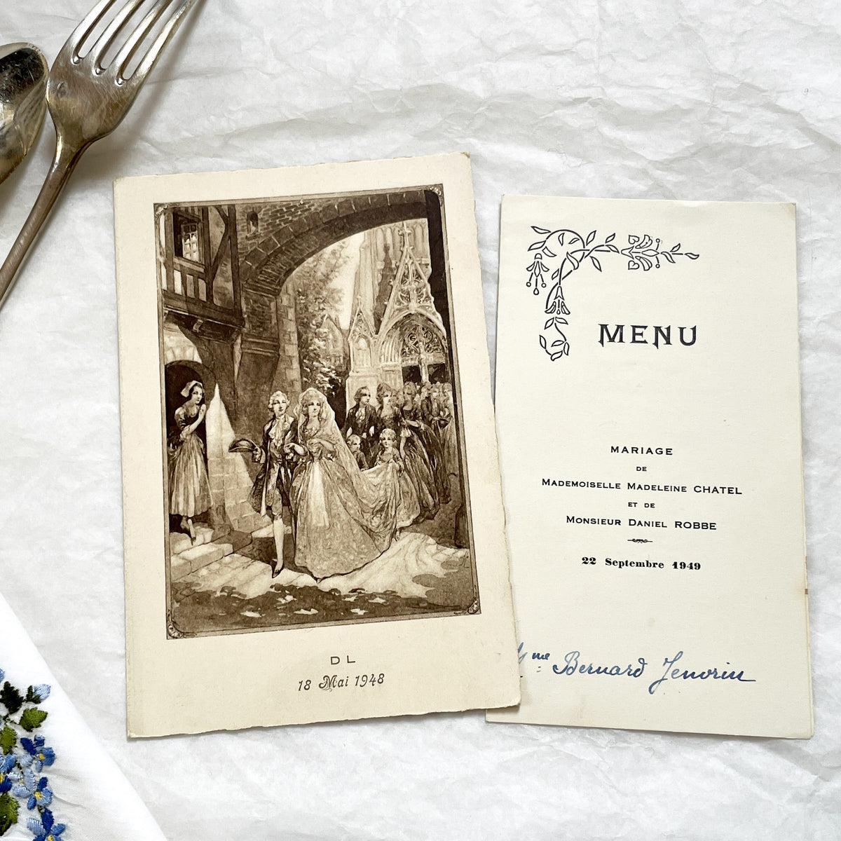 1940s - Two Vintage French Wedding Menus - Antique Ephemera - Celebration Dinner Lunch Wines - Old Paper Memorabilia
