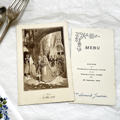1940s - Two Vintage French Wedding Menus - Antique Ephemera - Celebration Dinner Lunch Wines - Old Paper Memorabilia