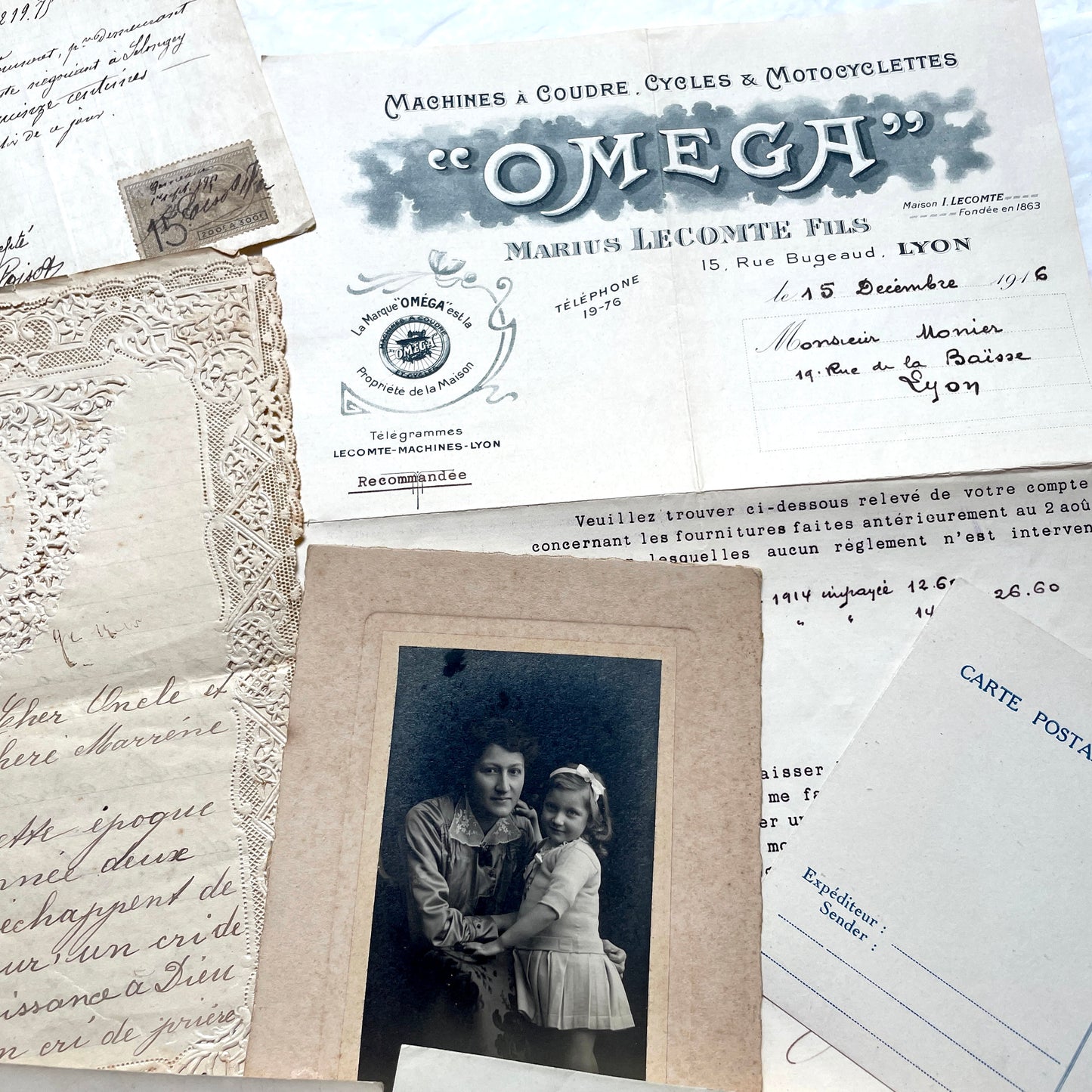 1910s French documents lot with vintage postcards, handwritten letters, business papers, and historical photos.