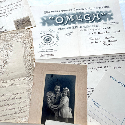 1910s French documents lot with vintage postcards, handwritten letters, business papers, and historical photos.
