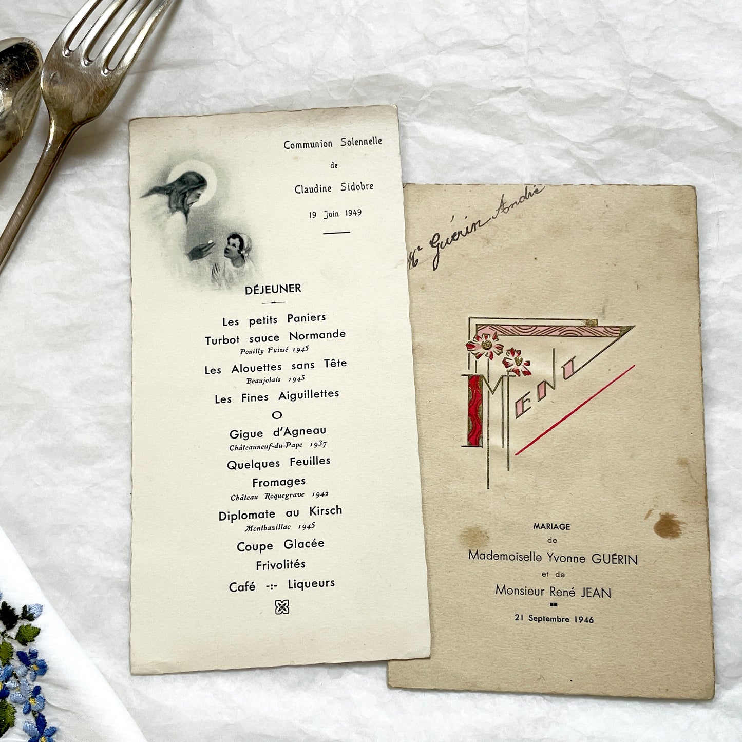 1940s - Two Original French Post-War Menus - Solemn Communion And Wedding - Historic Collectible Dinner Set - French Ephemera Decor