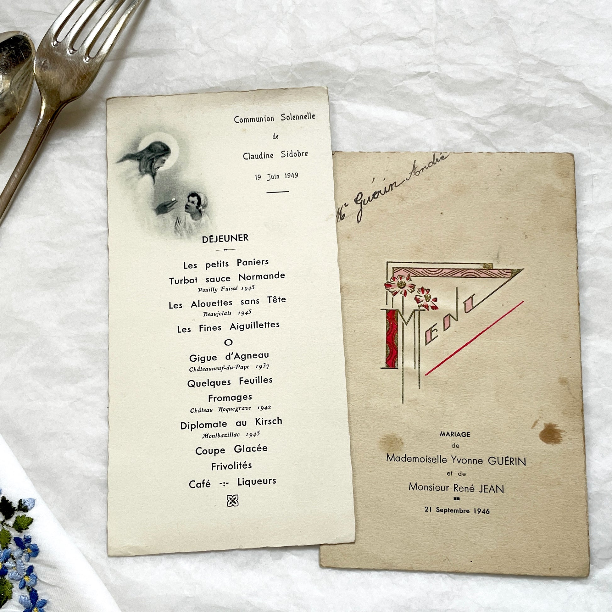1940s - Two Original French Post-War Menus - Solemn Communion And Wedding - Historic Collectible Dinner Set - French Ephemera Decor