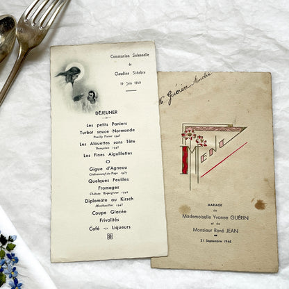 1940s - Two Original French Post-War Menus - Solemn Communion And Wedding - Historic Collectible Dinner Set - French Ephemera Decor