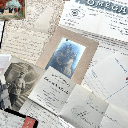 1910s French documents lot with vintage postcards, handwritten letters, business papers, and historical photos.